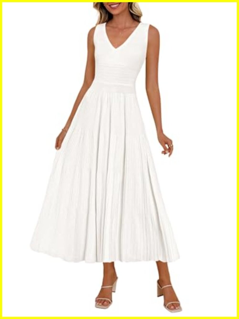 Women's V-Neck Pleated Midi Cocktail Dress Sleeveless A-Line
